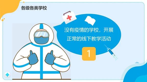 黄蓝拼色卡通校园疫情防控防疫PPT模板