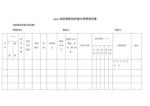 xxxx局涉密移动存储介质管理台账