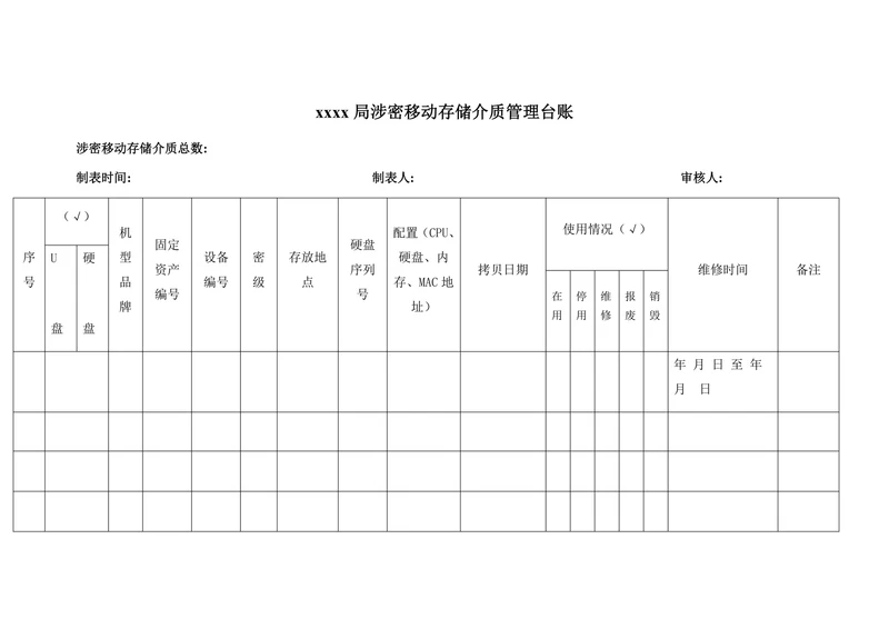 xxxx局涉密移动存储介质管理台账