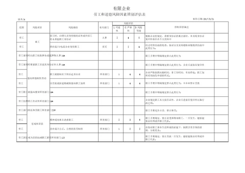 劳工与道德规范风险评估分析表