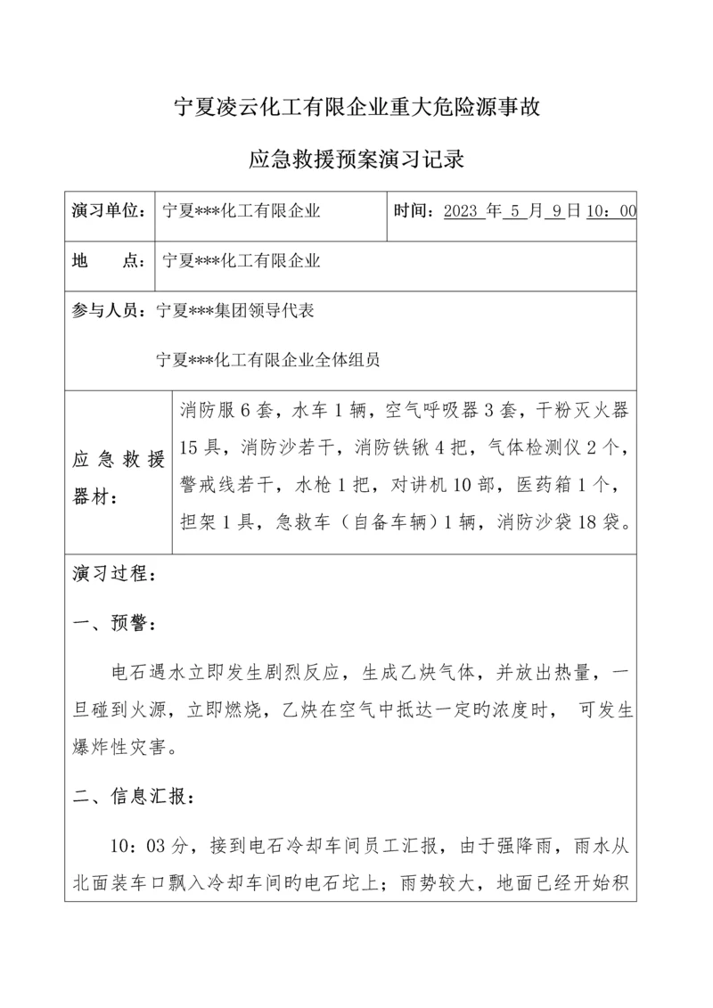 宁夏化工公司重大危险源应急救援预案演练记录总结.docx