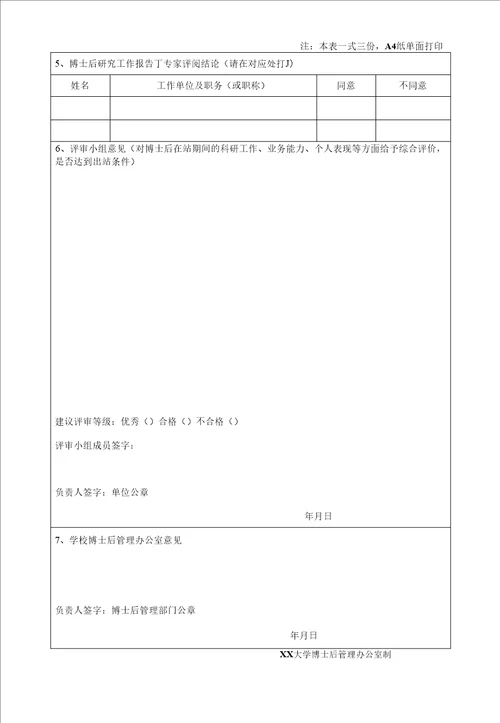 大学博士后研究人员出站评审表