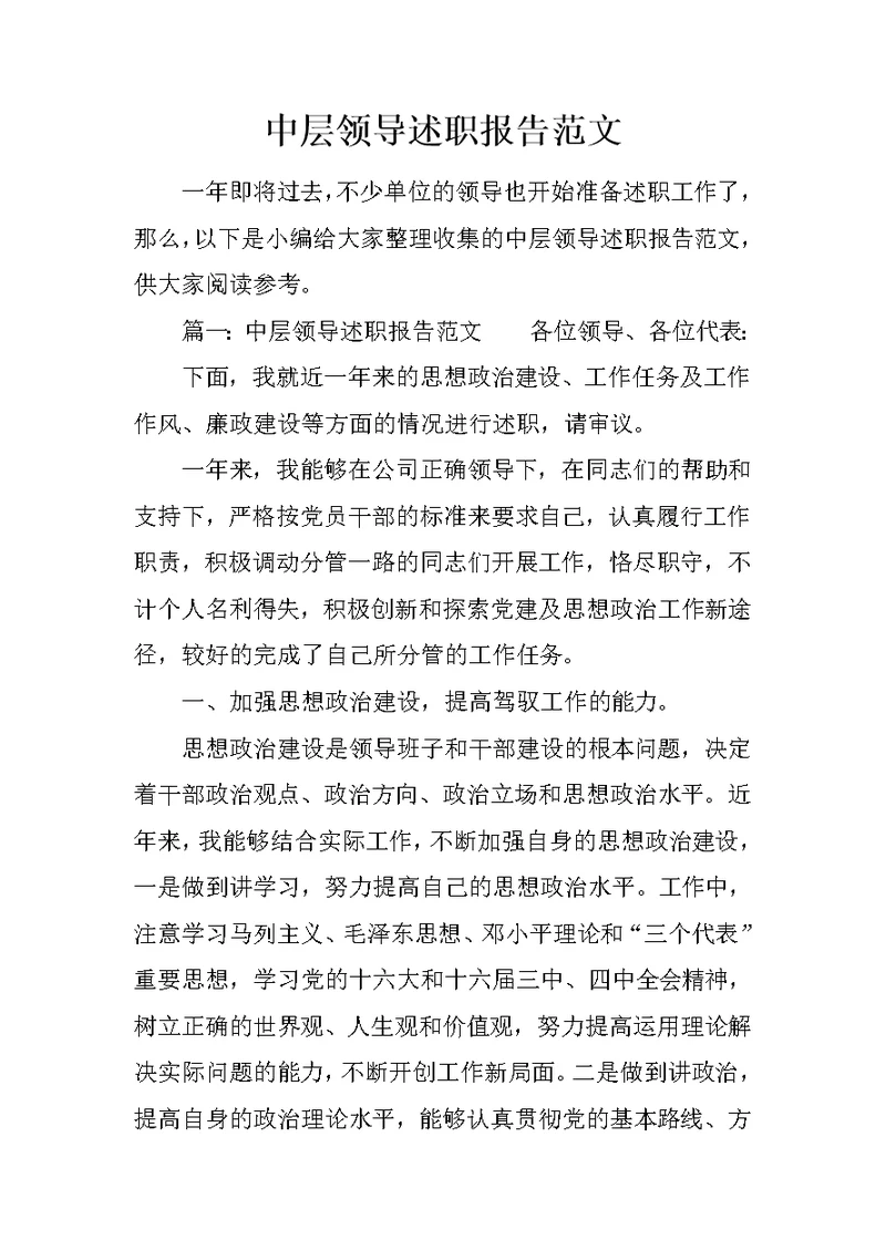 中层领导述职报告范文