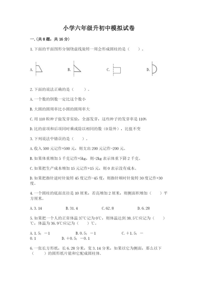 小学六年级升初中模拟试卷精品（考试直接用）.docx