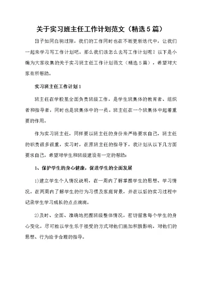 关于实习班主任工作计划范文（精选5篇）