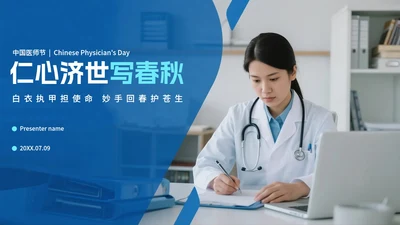 蓝色简约实景中国医师节节日科普PPT模板