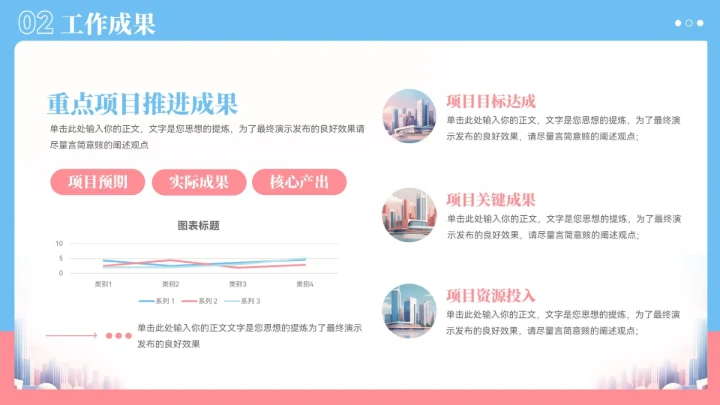 蓝粉色城市建筑风工作总结汇报PPT模板