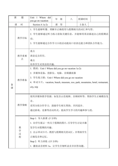 Unit 1 Where did you go on vacation？1a-2c表格版教学设计(人
