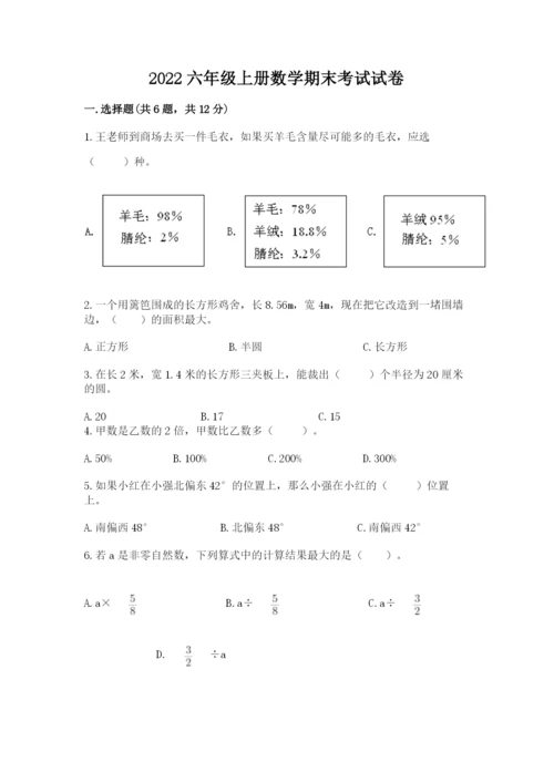 2022六年级上册数学期末考试试卷加答案解析.docx