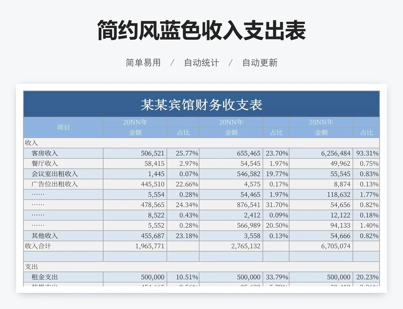 简约风蓝色收入支出表