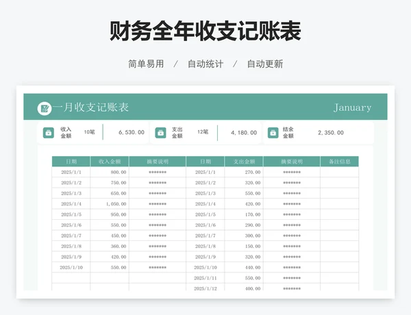财务全年收支记账表
