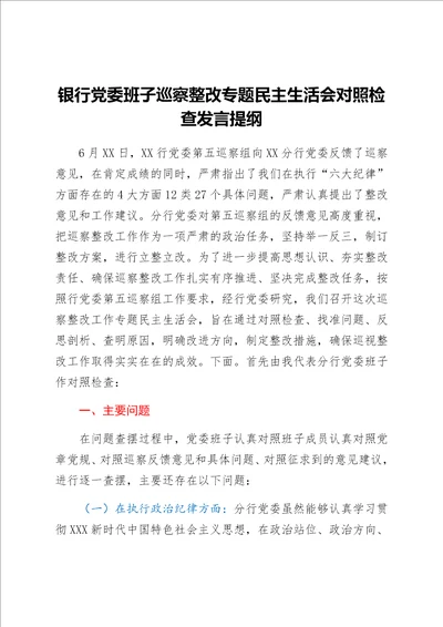 银行党委班子巡察整改专题民主生活会对照检查发言提纲