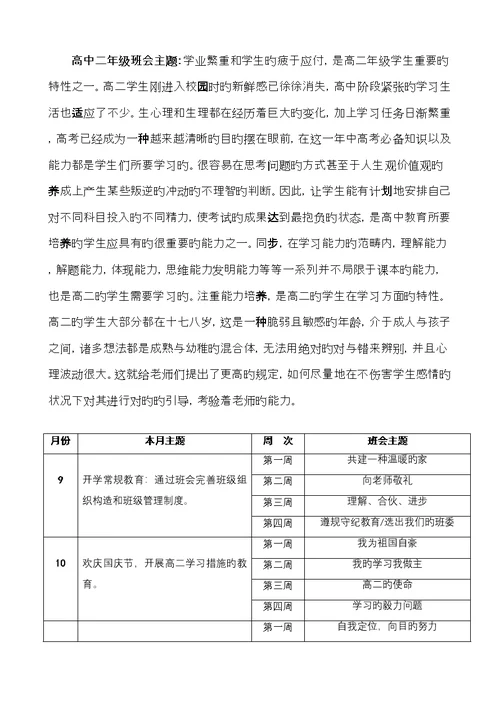 高中一年级至三年级主题班会重点规划表