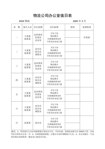 物流办公室值日表
