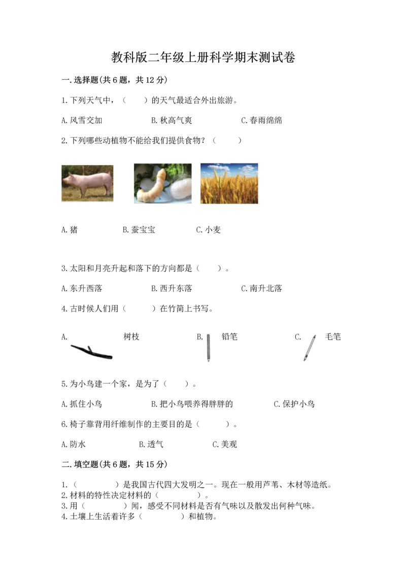 教科版二年级上册科学期末测试卷精品【名师系列】.docx