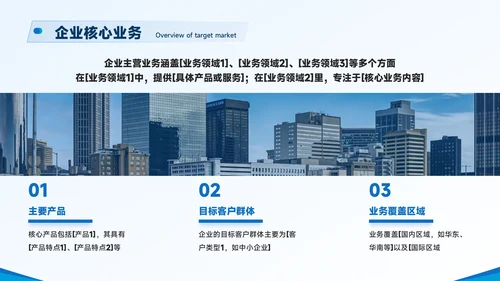 蓝色商务风企业简介与核心亮点展示PPT模板