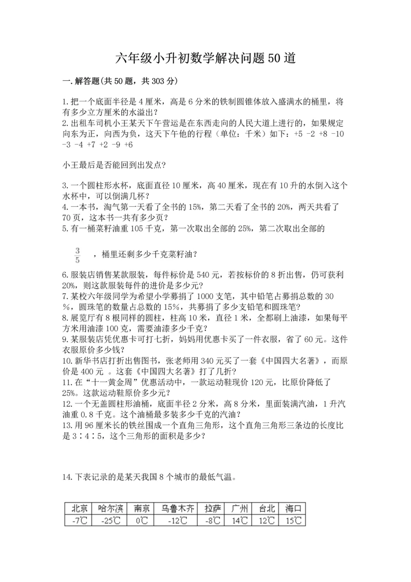 六年级小升初数学解决问题50道带答案（基础题）.docx