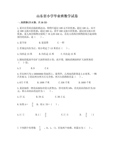 山东省小学毕业班数学试卷精选