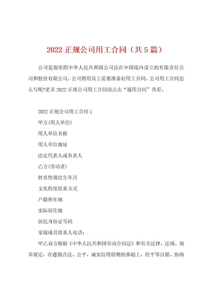 2022正规公司用工合同共5篇