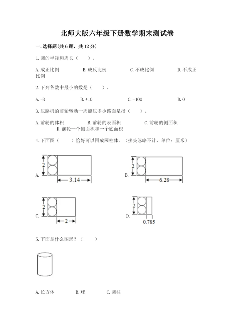 北师大版六年级下册数学期末测试卷及完整答案（全国通用）.docx