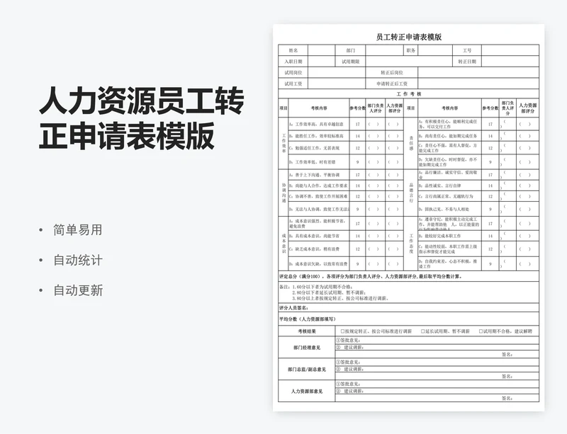 人力资源员工转正申请表模版