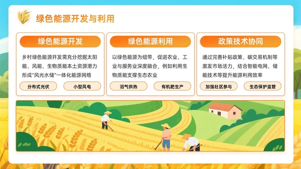 橙黄色插画风乡村绿色生态筑基振兴PPT主题模板