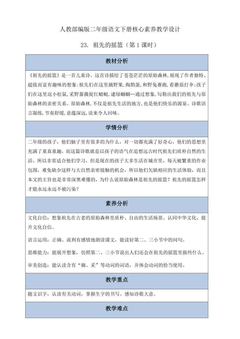 【核心素养】部编版语文二年级下册-23. 祖先的摇篮 第1课时（教案含反思）