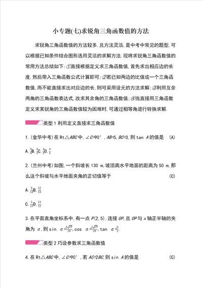 小专题七求锐角三角函数值的方法