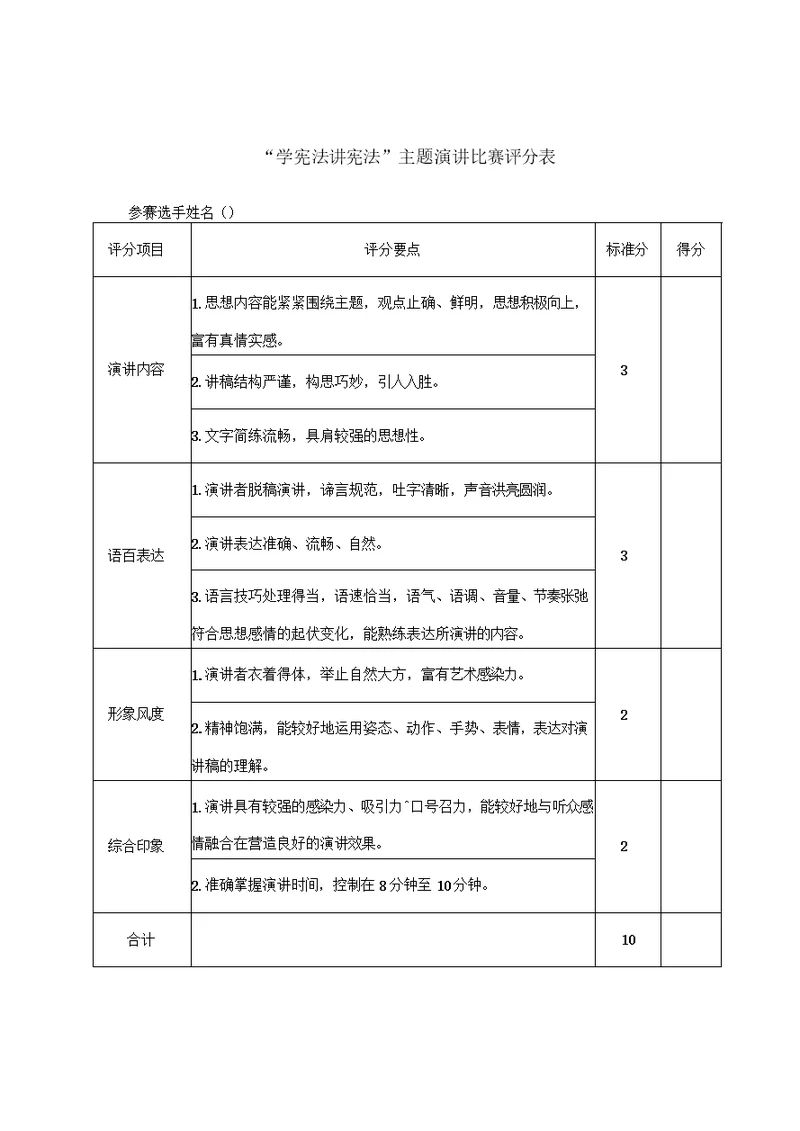 演讲比赛评分表计分表