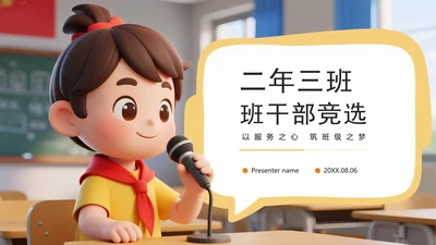 黄色可爱3D卡通风小学班级班干部竞选PPT模板