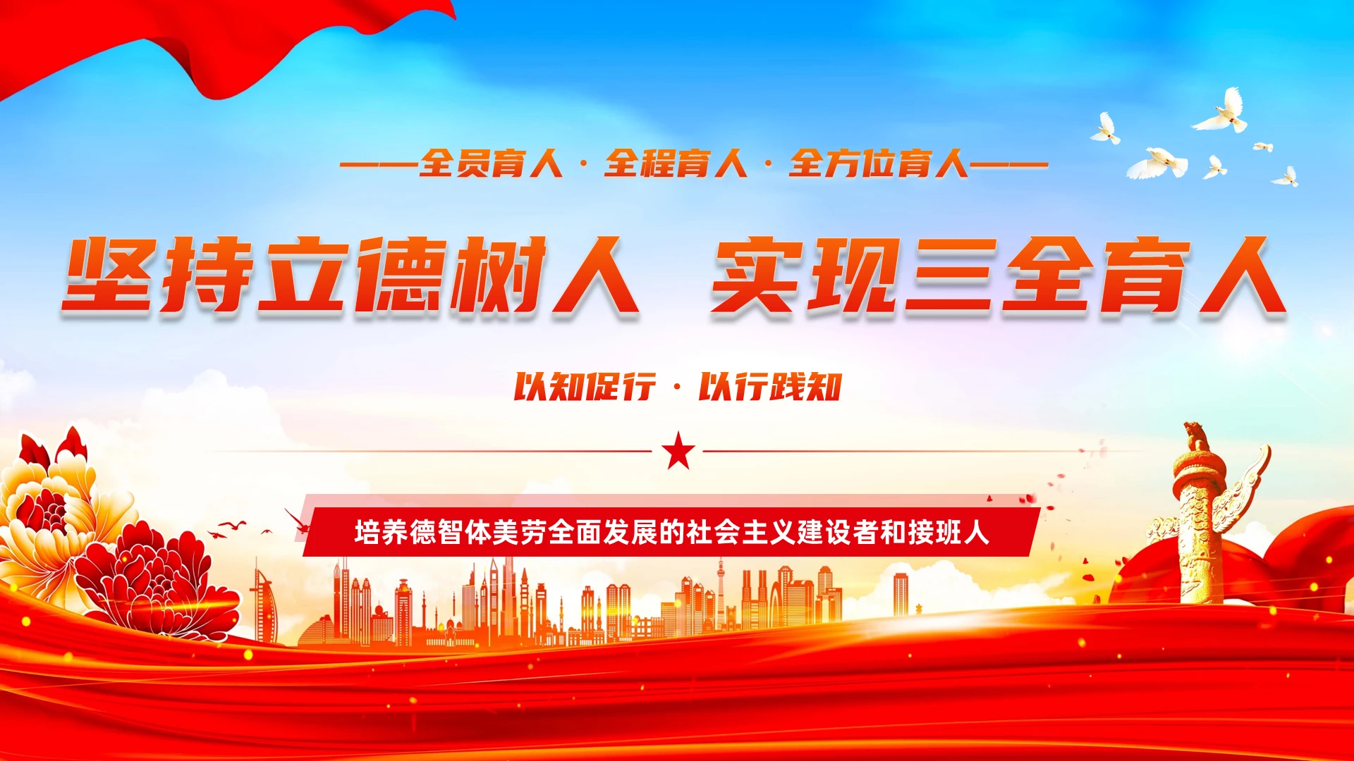 蓝天红绸带大气动态党建主题之三全育人说课ppt模版