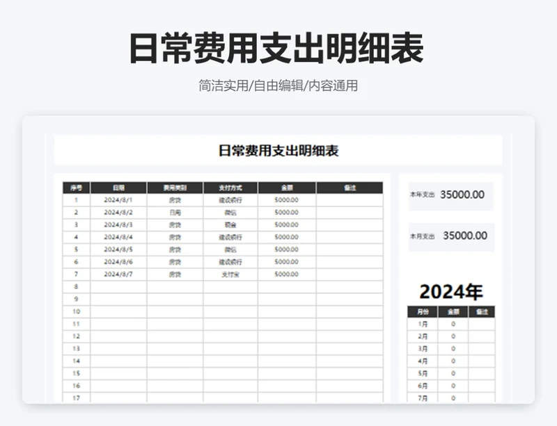 简约黑色日常费用支出明细表