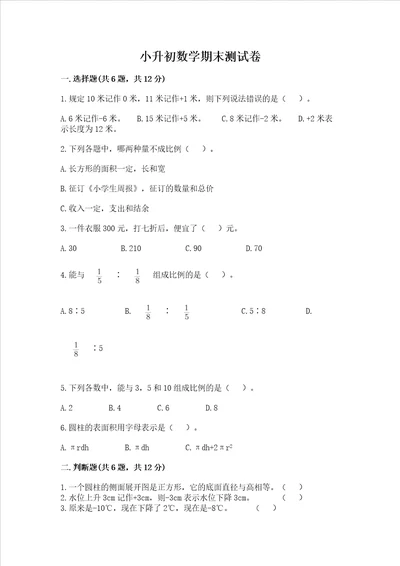 小升初数学期末测试卷word