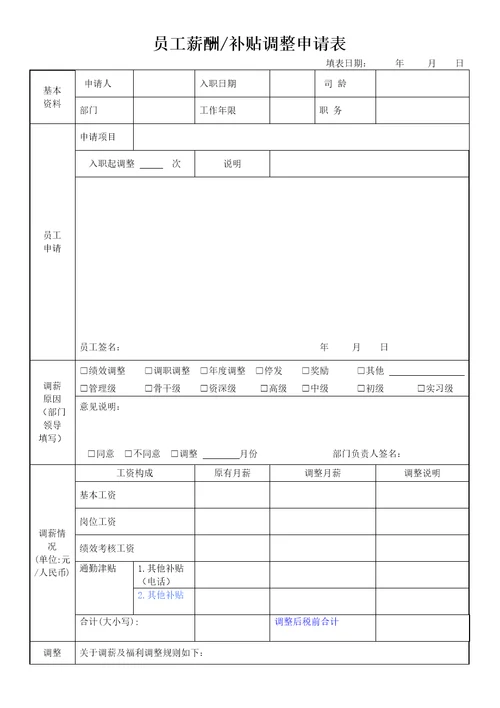 员工薪酬补贴申请表