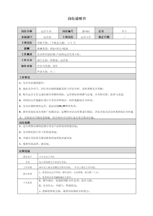 电商运营部运营岗位说明书