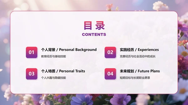 紫色小清新风花团锦簇元素大学生自我介绍PPT模板