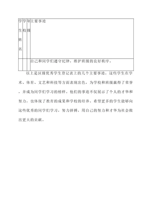 区级优秀学生登记表主要事迹