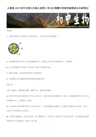 人教版2023初中生物七年级上册第三单元生物圈中的绿色植物重点归纳笔记.docx