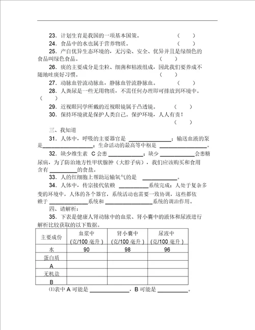 七年级下册期末考试生物学试卷