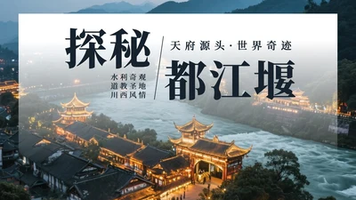 蓝色实景探索都江堰旅行推荐PPT模板