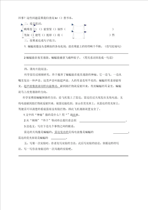 部编版小学四年级语文上册6蝙蝠和雷达课时练习题