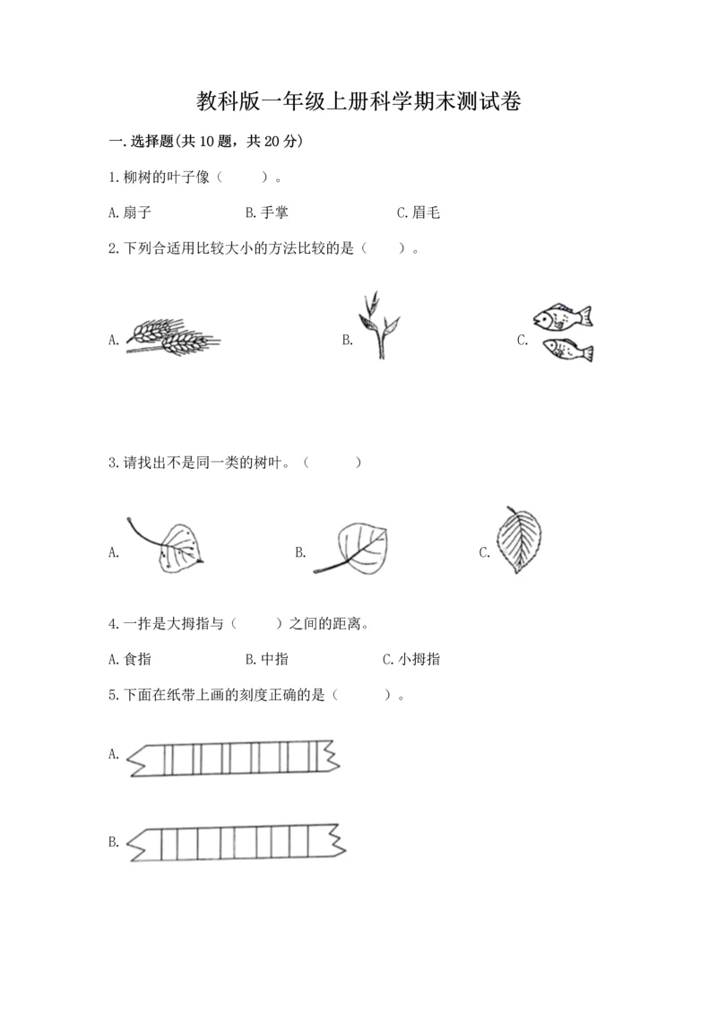 教科版一年级上册科学期末测试卷带答案（夺分金卷）.docx