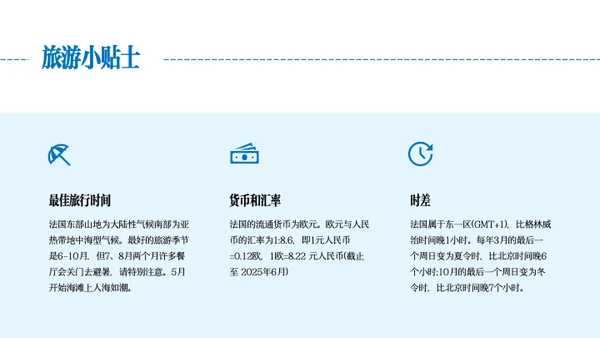 蓝白红简约法国旅行攻略PPT模板