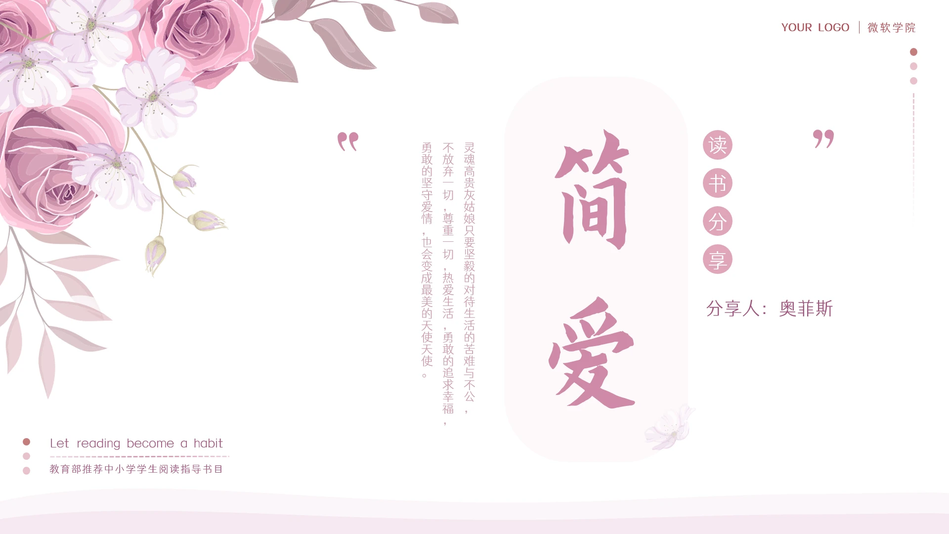 粉色小清新《简爱》名著导读读书分享ppt