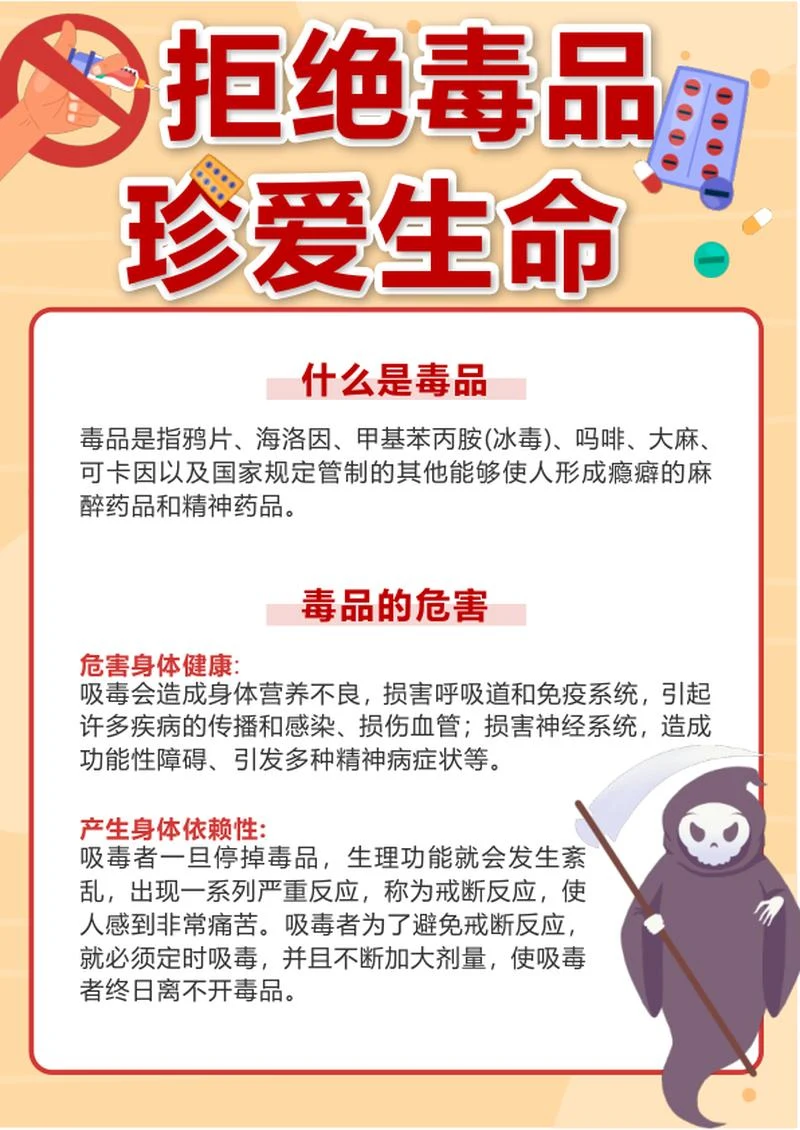 黄色卡通拒绝毒品珍爱生命科普海报word模板