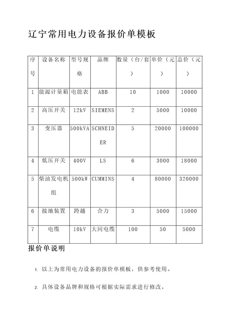 辽宁常用电力设备报价单