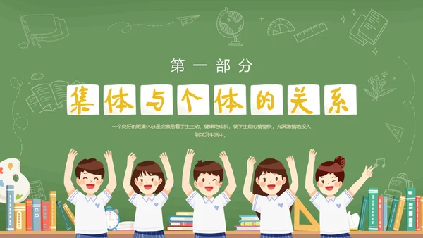 绿色黑板风卡通插画承担关爱集体的责任动态PPT