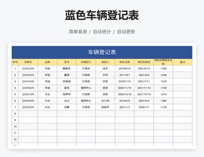 蓝色车辆登记表