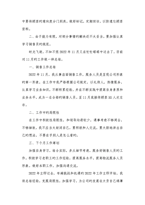 2022年销售人员11月工作总结范文