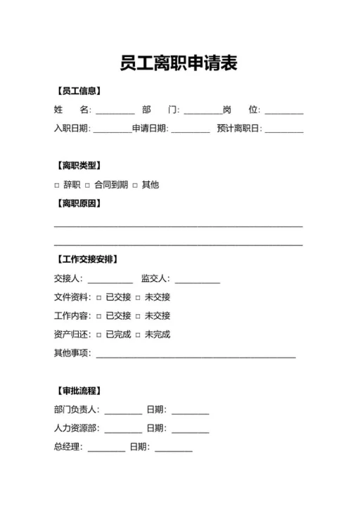 人事申请员工离职申请表